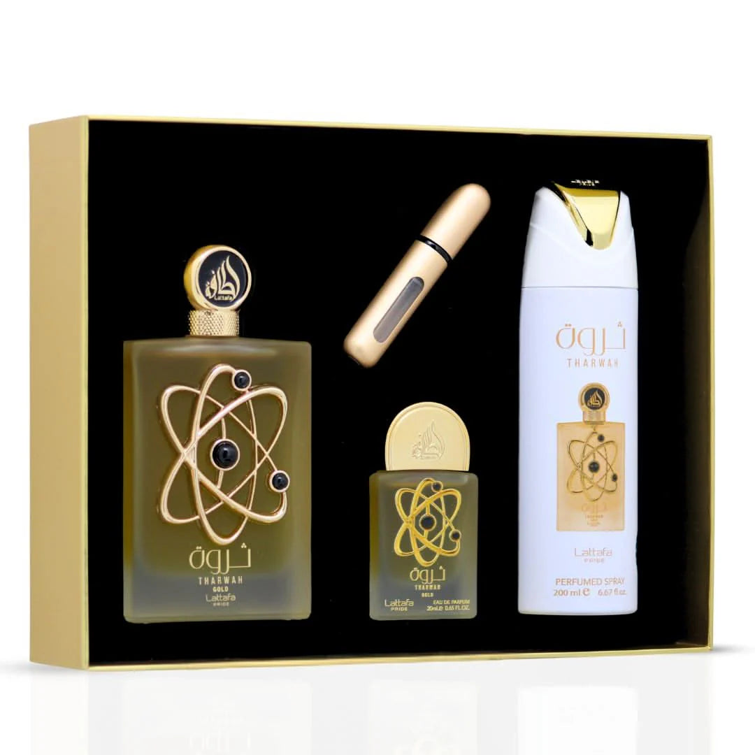 Tharwah Gold Gift Set By Lattafa Eau De Parfum 100ml + 20ml + 200ml Deo