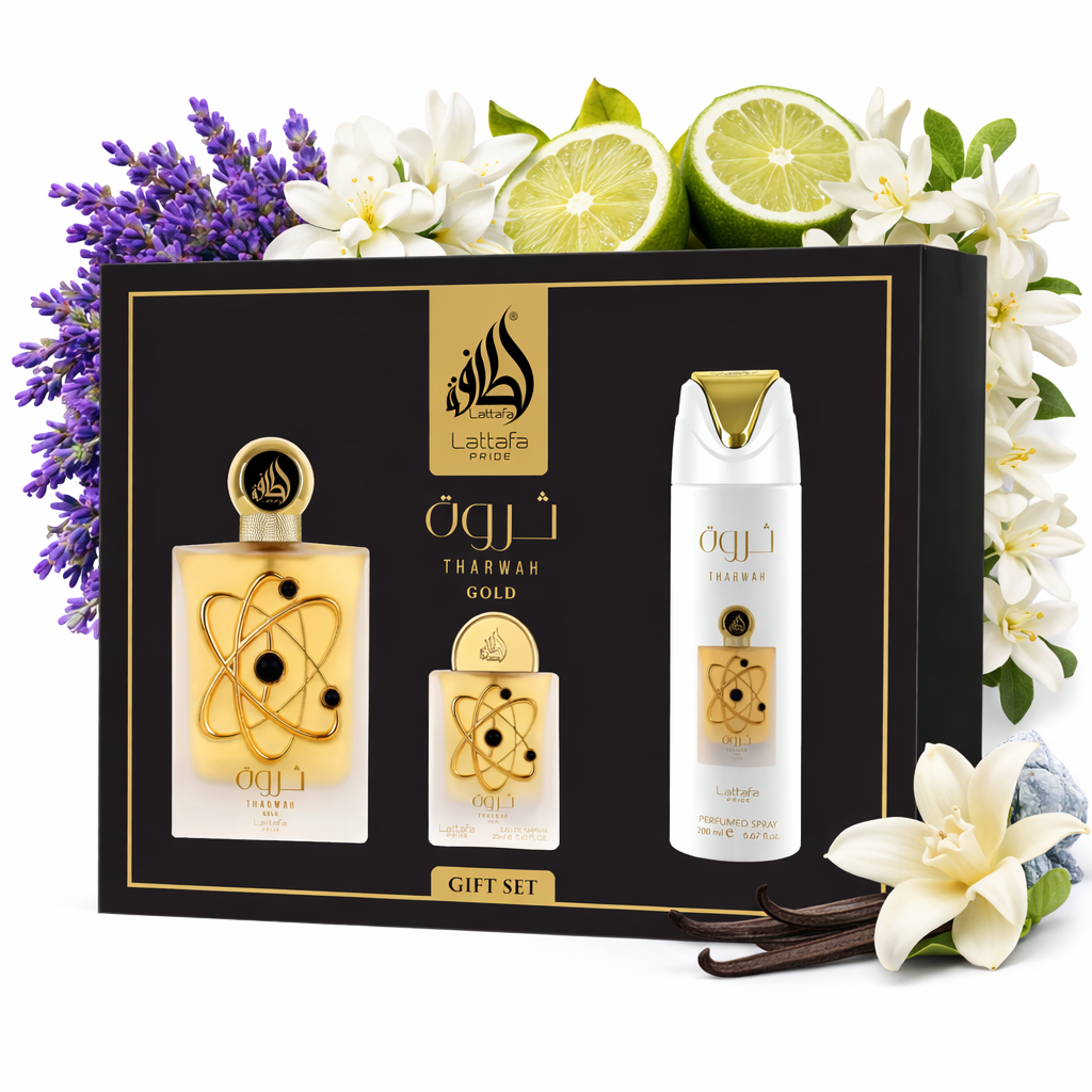 Tharwah Gold Gift Set By Lattafa Eau De Parfum 100ml + 20ml + 200ml Deo