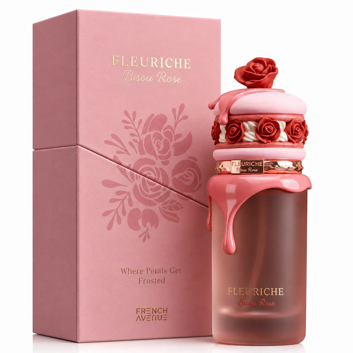 Fleuriche Bisou Rose perfume bottle and its pink packaging box, featuring a glossy pink frosted glass bottle with a rose-shaped cap and dripping pink wax details, set against a clean white background.