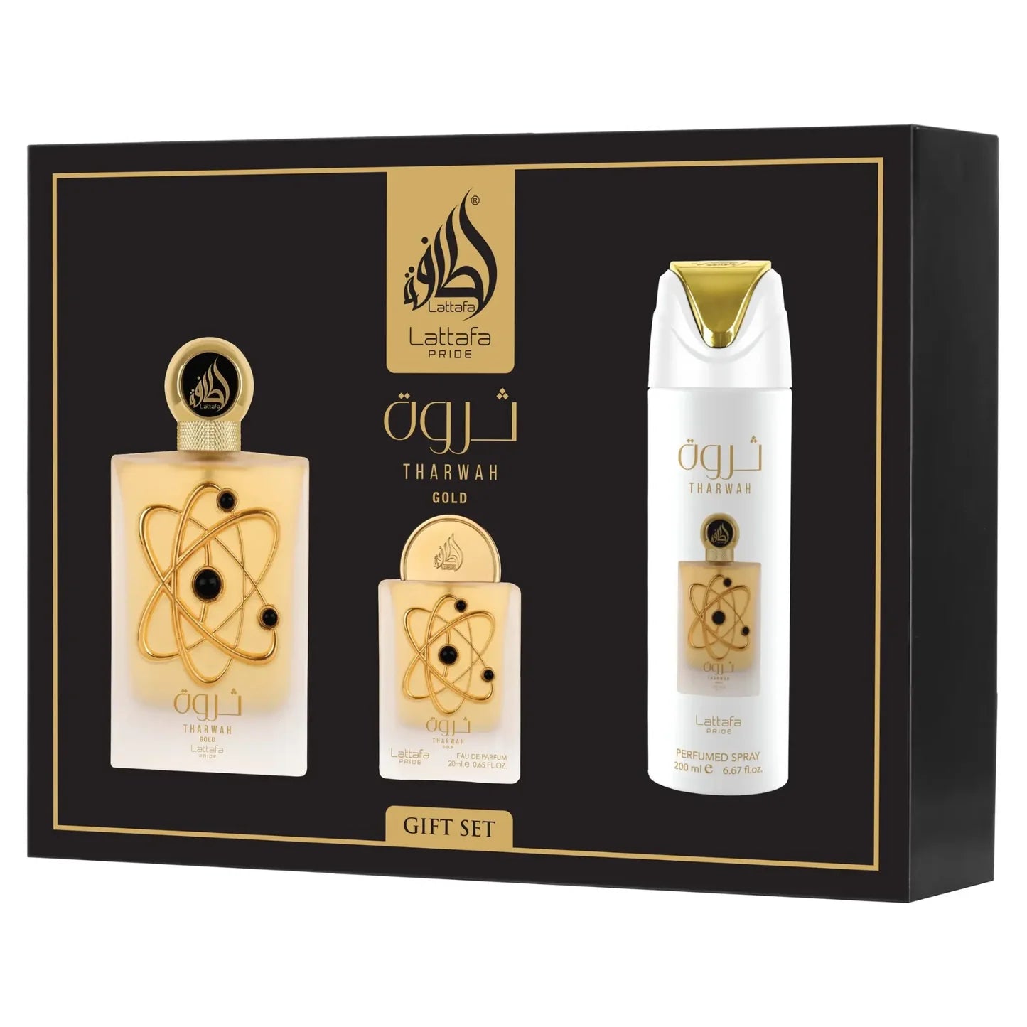 Tharwah Gold Gift Set By Lattafa Eau De Parfum 100ml + 20ml + 200ml Deo
