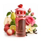Fleuriche Gelö Rose perfume bottle styled with fresh fruit, pink roses, and vanilla flowers on a white background.