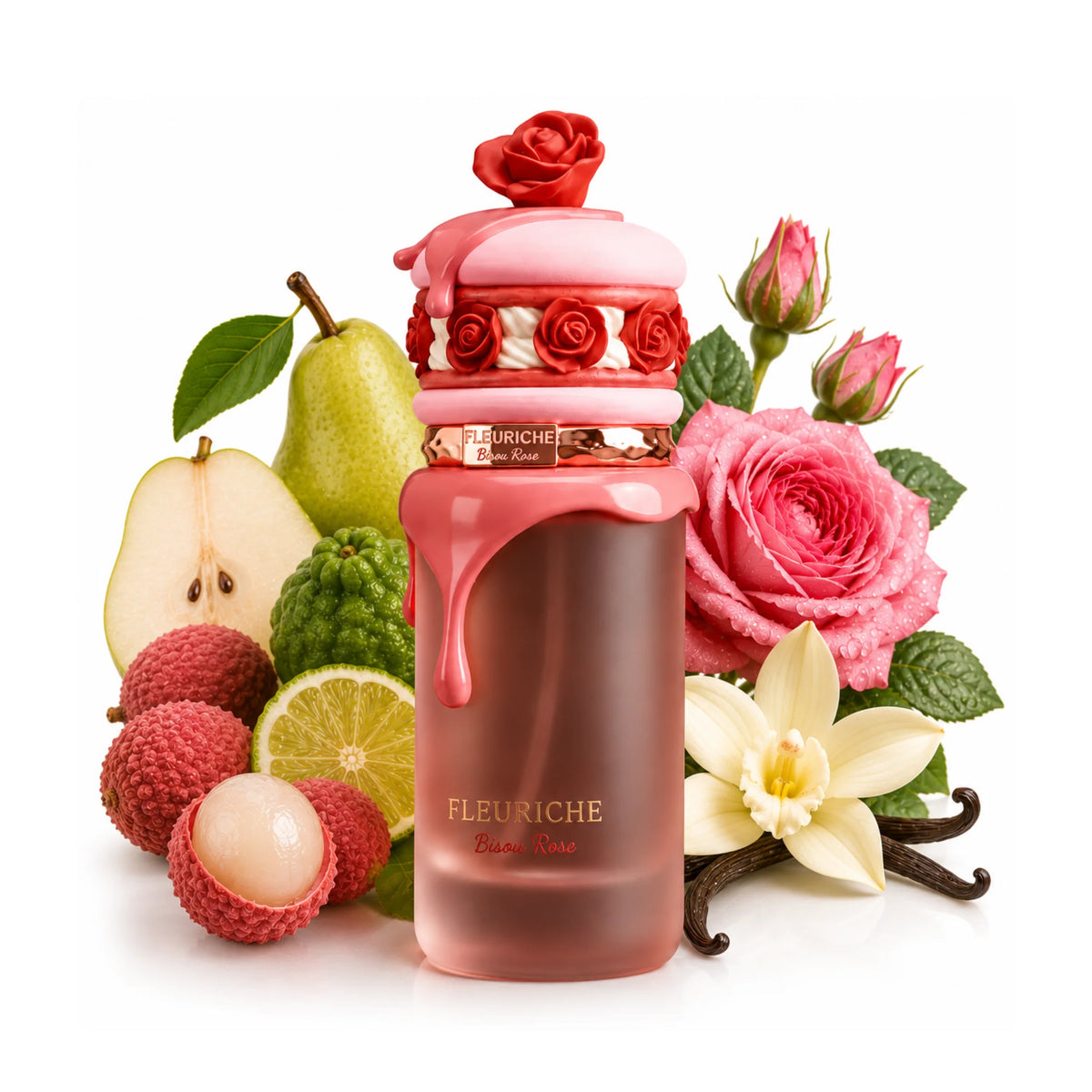 Fleuriche Gelö Rose perfume bottle styled with fresh fruit, pink roses, and vanilla flowers on a white background.