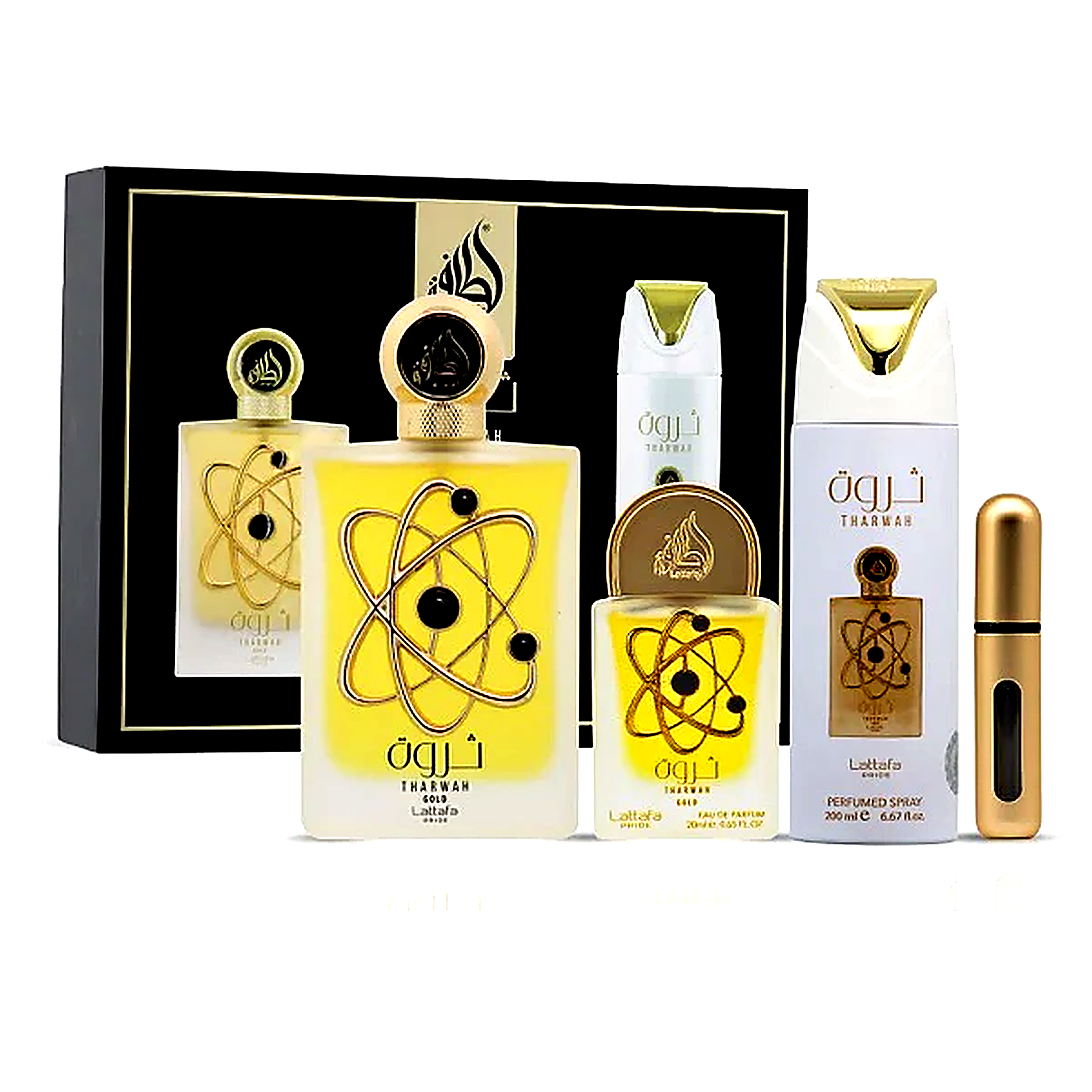 Tharwah Gold Gift Set By Lattafa Eau De Parfum 100ml + 20ml + 200ml Deo